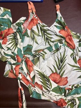Tropical Floral Three-Piece Set in Coral & Green